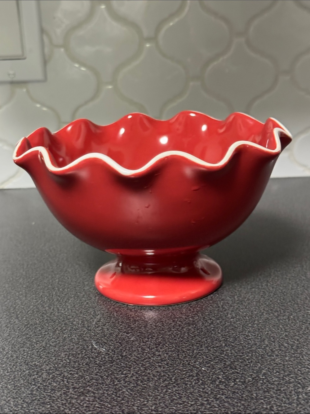 Longaberger Red Ruffled Pedestal Bowl